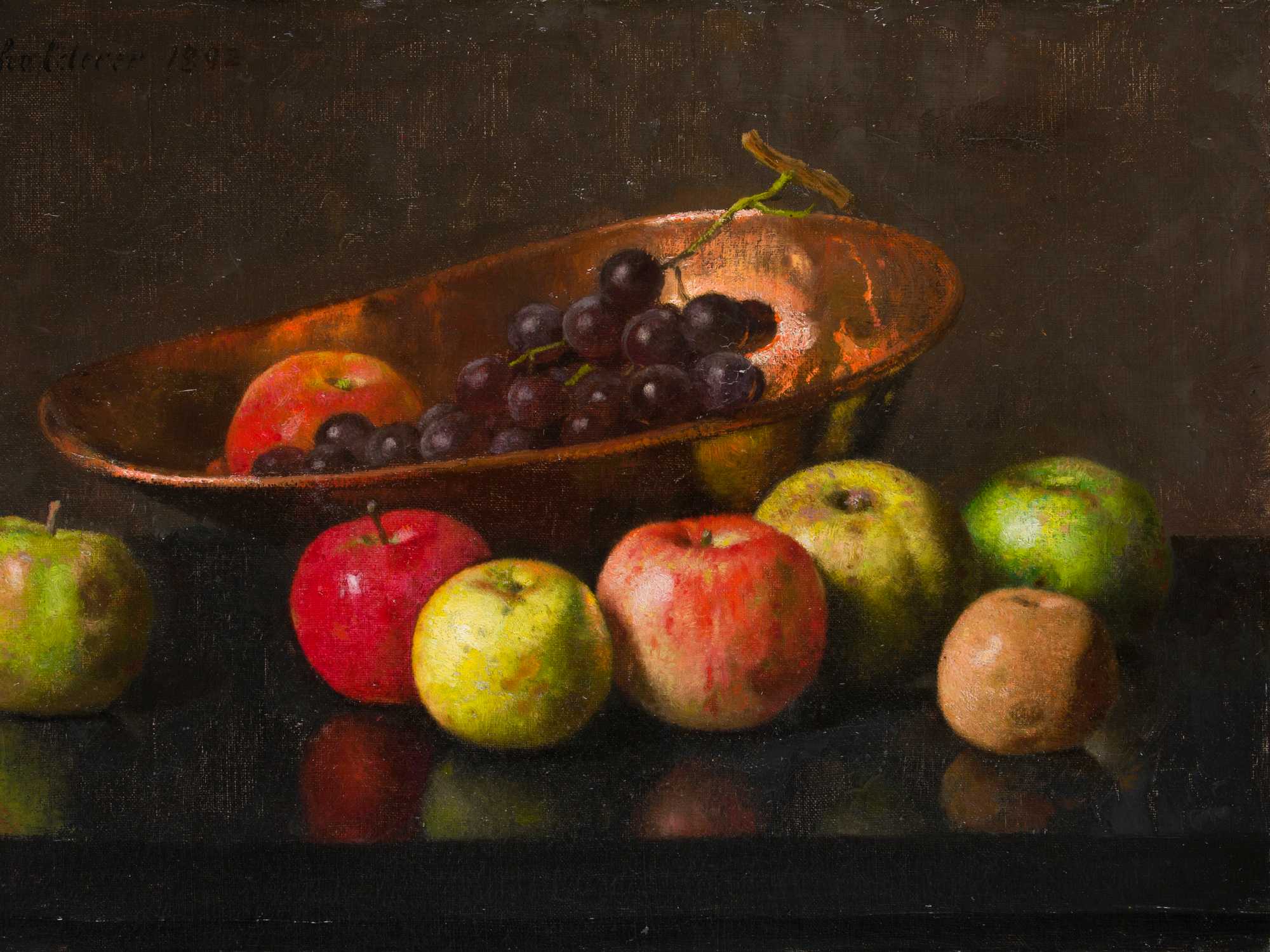 Stillleben mit kupferner Schale mit Äpfeln und Trauben, 1892  