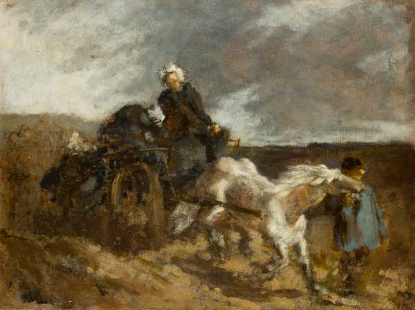 Zweirädriger Karren von einem Schimmel gezogen in einer stürmischen Landschaft (Two-Wheeled Cart Pulled by a White Horse in a Stormy Landscape)